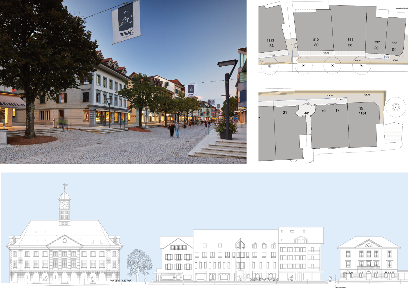 Situationsplan und Ansicht des Strassenzugs Marktgasse in Langenthal; zeigt die neu gestalteten Aussenräume, die klare Raumordnung, Sitzbereiche und die städtebauliche Einbindung in die Umgebung.