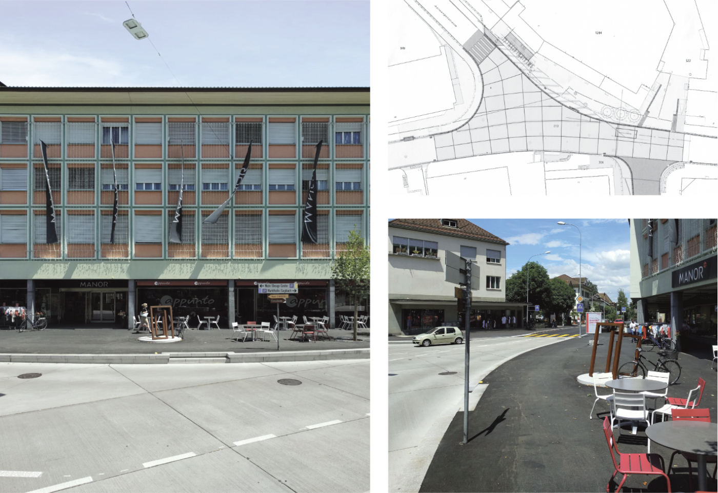 Städtebauliche Erneuerung und Aufwertung der Kreuzung Bahnhofstrasse und Aarwanenstrasse in Langenthal. Die ehemalige Restfläche wurde zu einem öffentlichen, städtischen Aussenraum transformiert. Das Kaufhaus Manor liegt im Hintergrund.